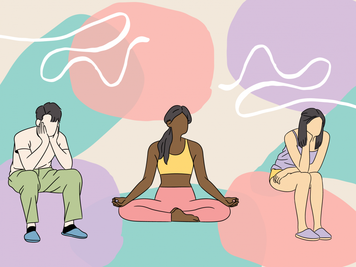 Graphic of 3 people sitting in various poses meditating and thinking