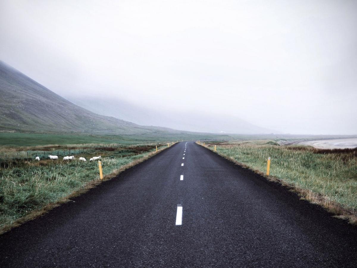 A foggy landscape with a long, black road stretching far in the distance.