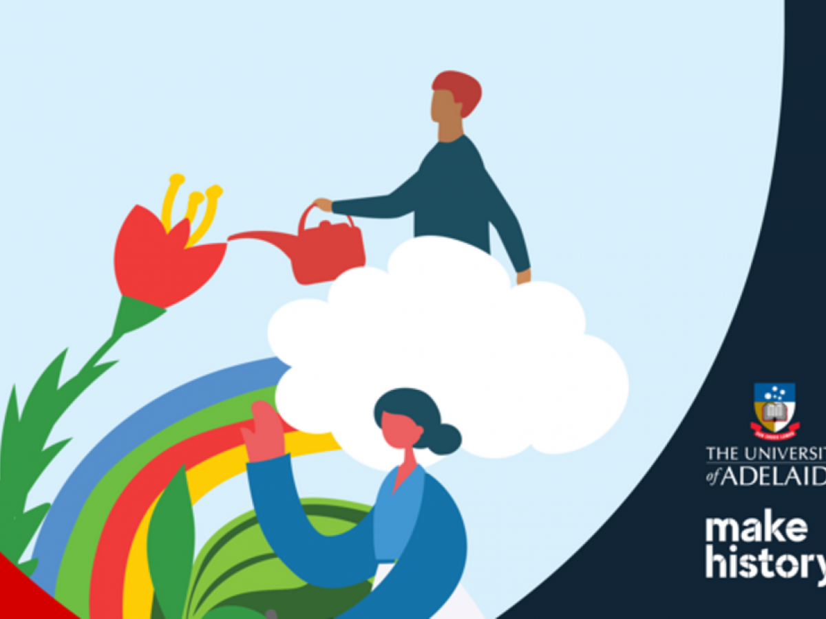 Illustration of 2 people watering flowers and rainbow