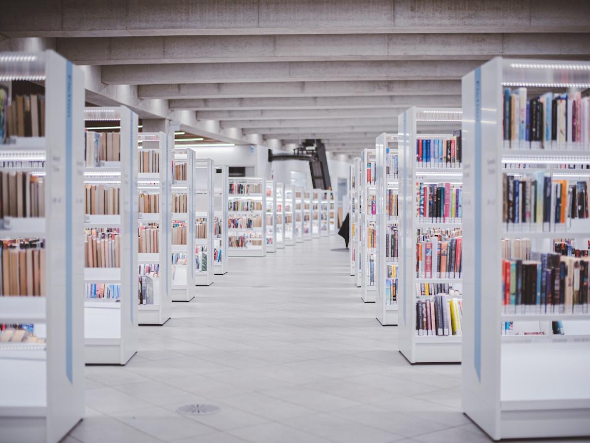 Rows of bookshelves at a library.