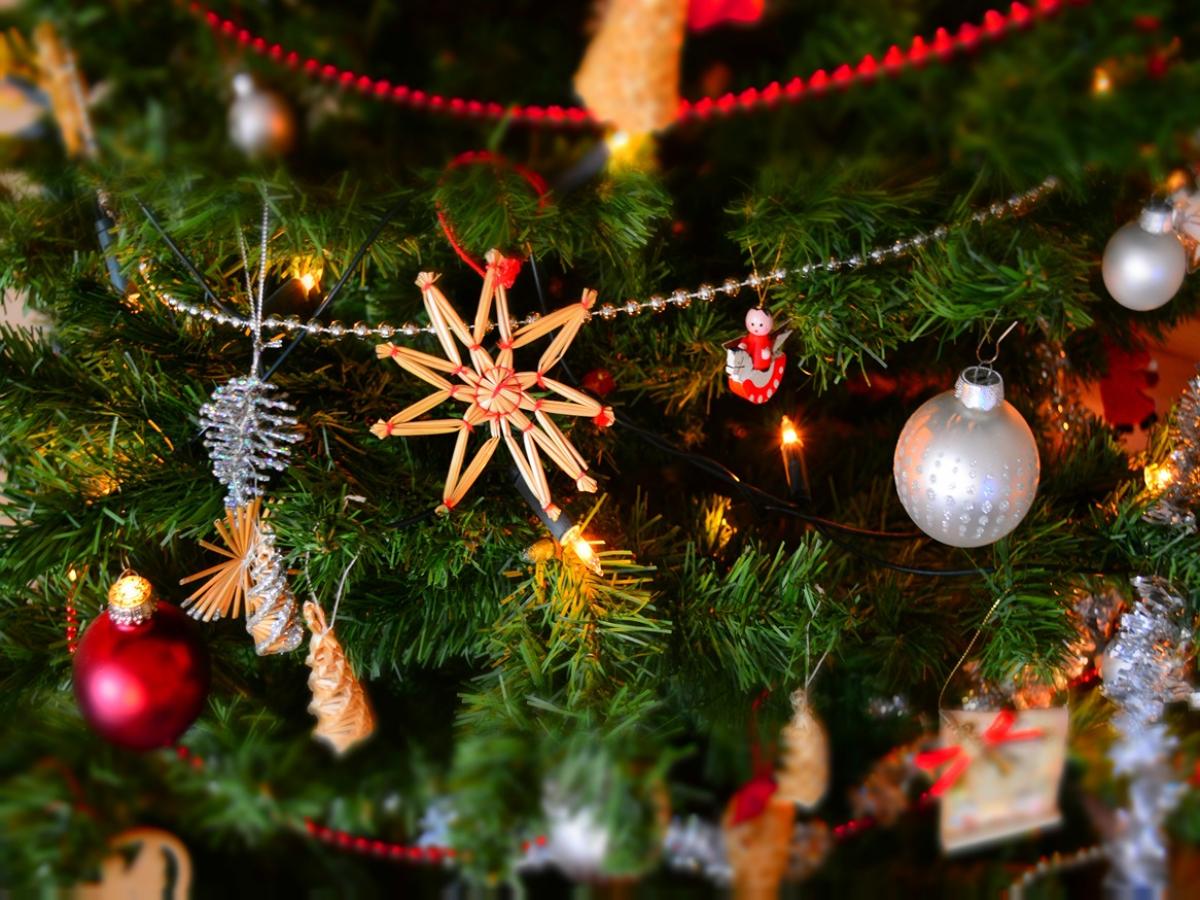 A close of a Christmas tree filled with different ornaments