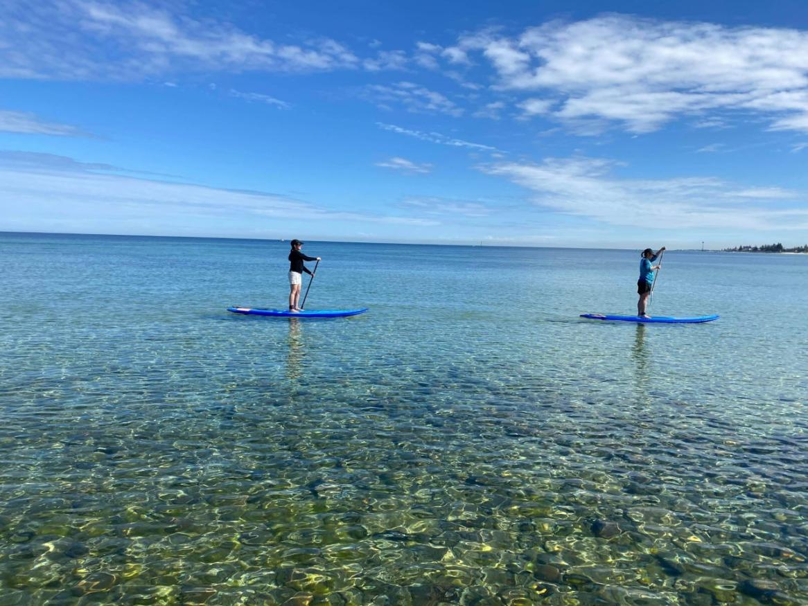 2 people on stand up paddleboards in the ocean