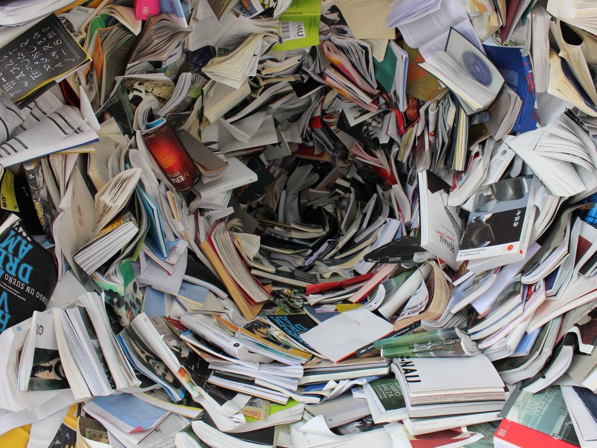 Many textbooks in the shape of a deep spiral 