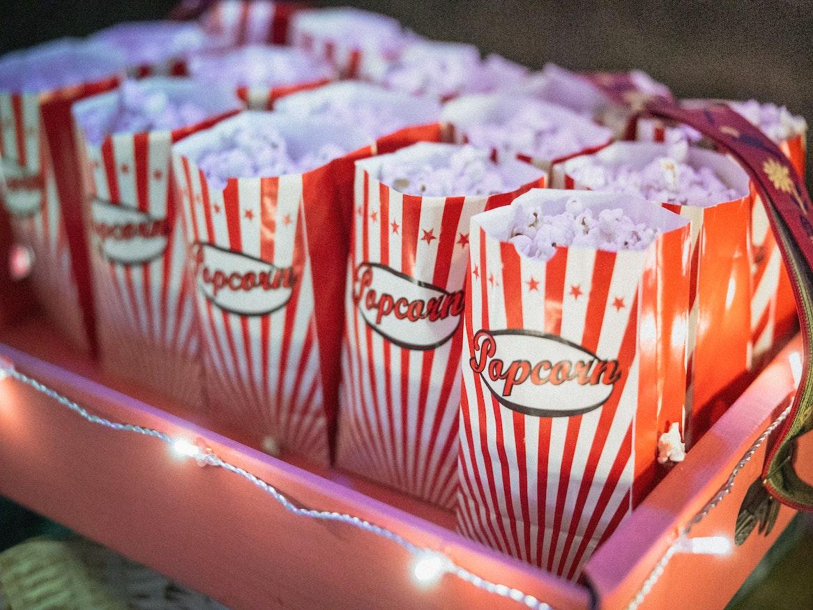 A tray of popcorns.