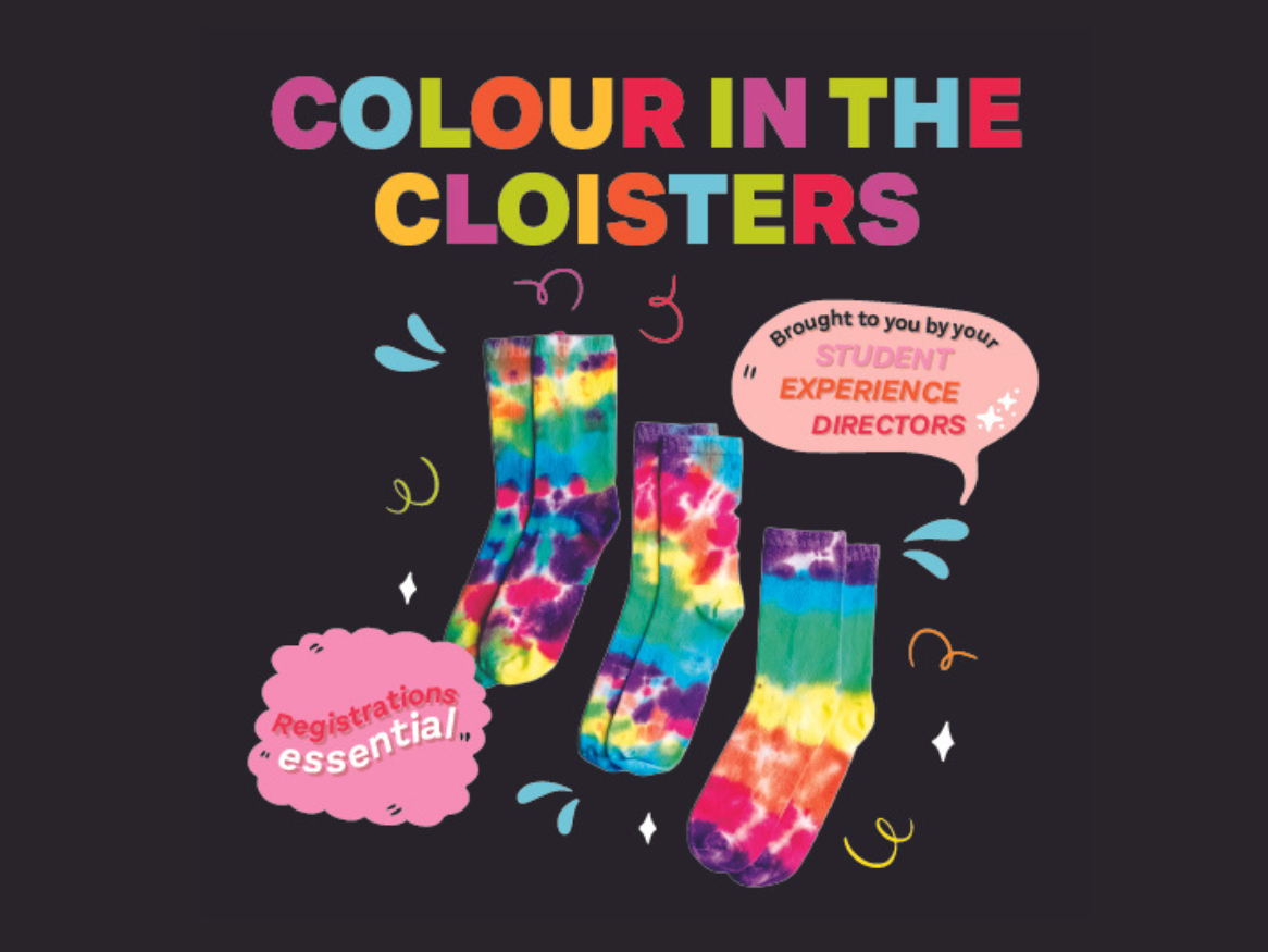 Colour in the Cloisters text, 3 pairs of tie dye socks