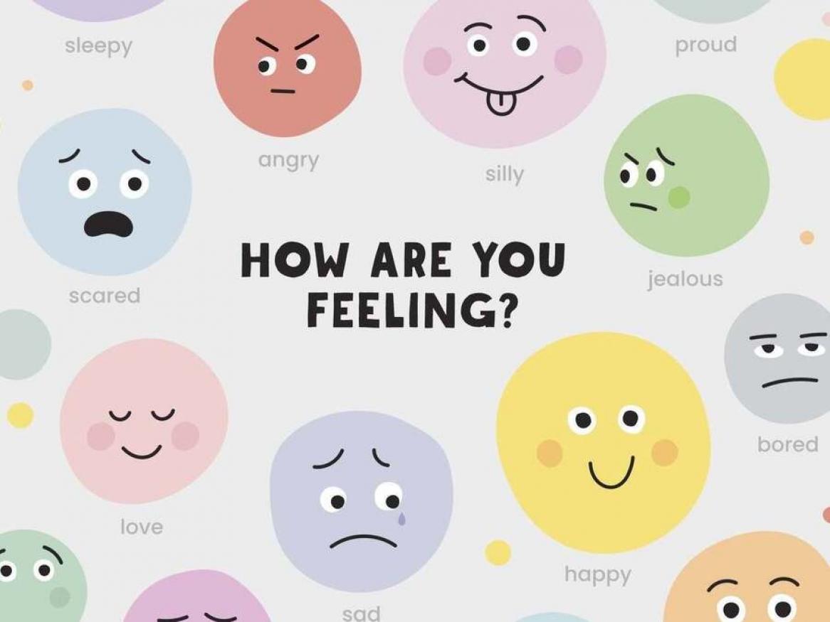 How are you feeling text with illustrated faces displaying range of emotions