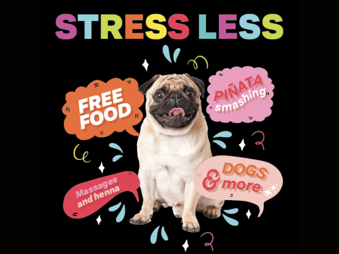 StressLess in text, photo of a pug with words "free food, dogs and pinata smashing