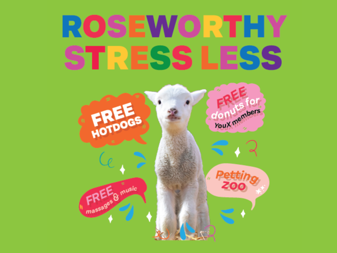 Text Roseworthy Stress Less with photo of a lamb surrounded by speech bubbles