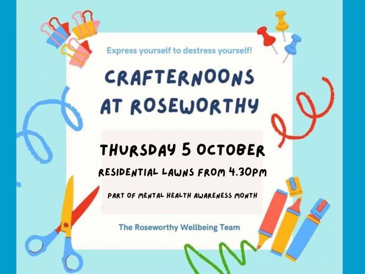 Crafternoon at Roseworthy text with event details and illustrations of stationary
