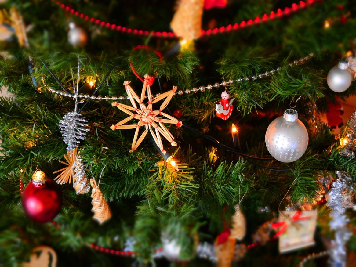 A close of a Christmas tree filled with different ornaments 