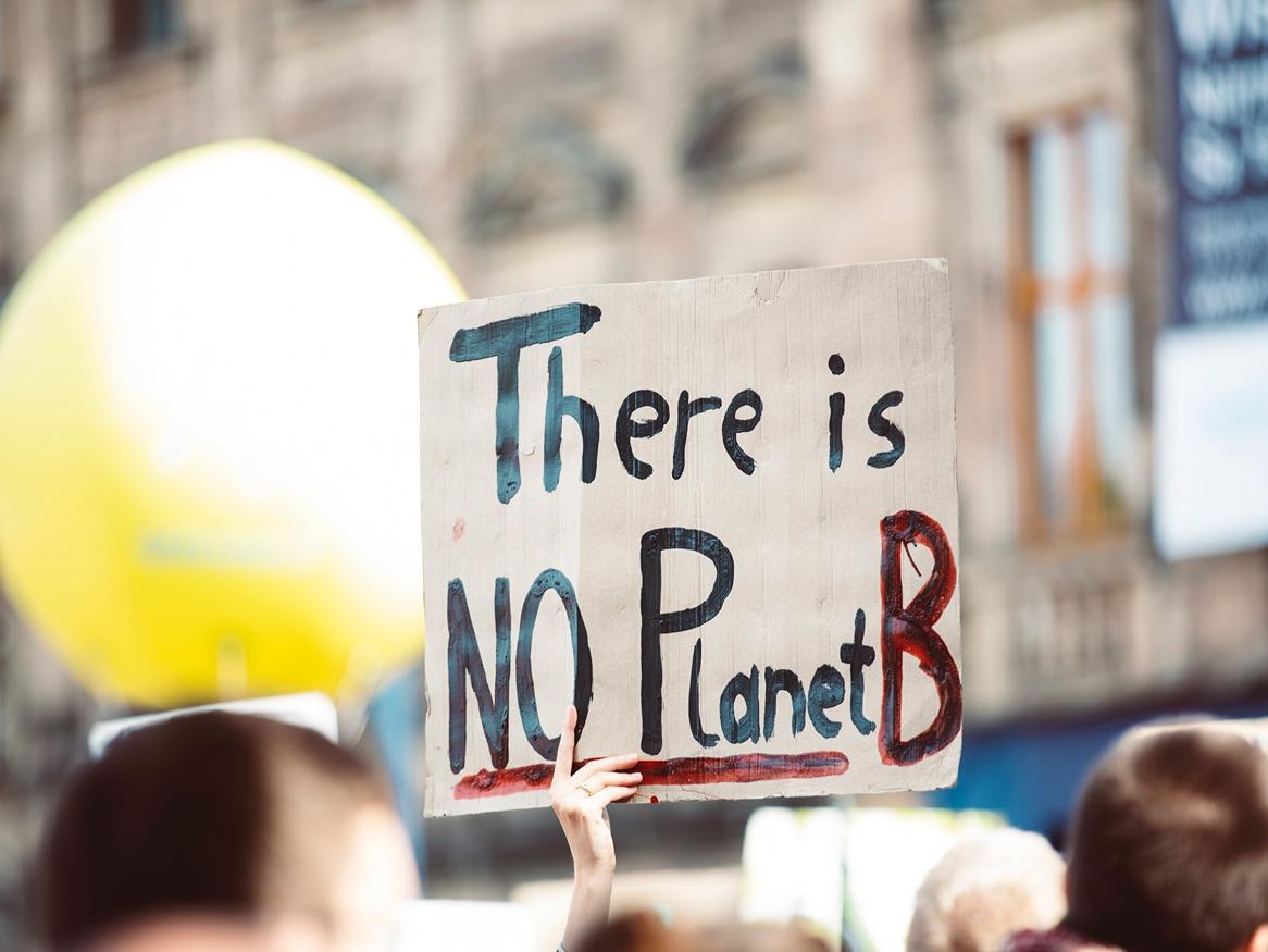 A climate change protest where the main focus is one person holding up a sign reading "There is no Planet B"