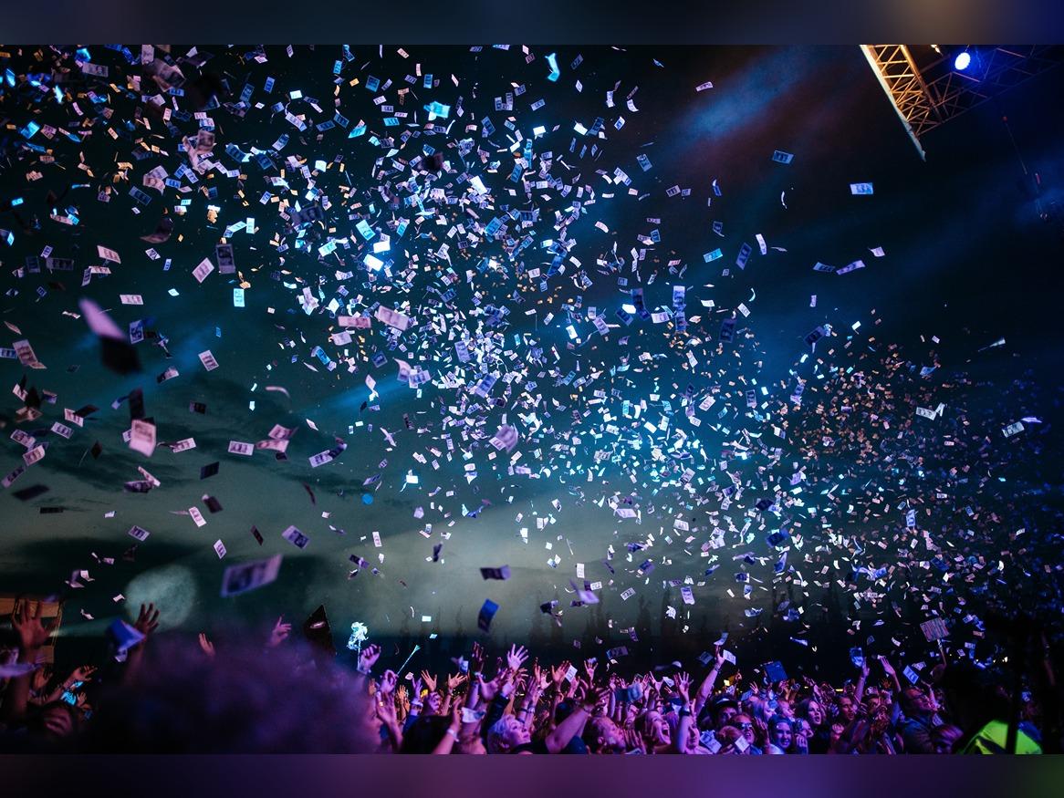 Flying blue and purple confetti