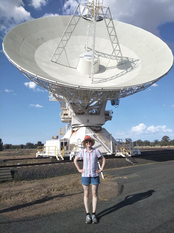 Rhona with one of the telescopes in Narrabri