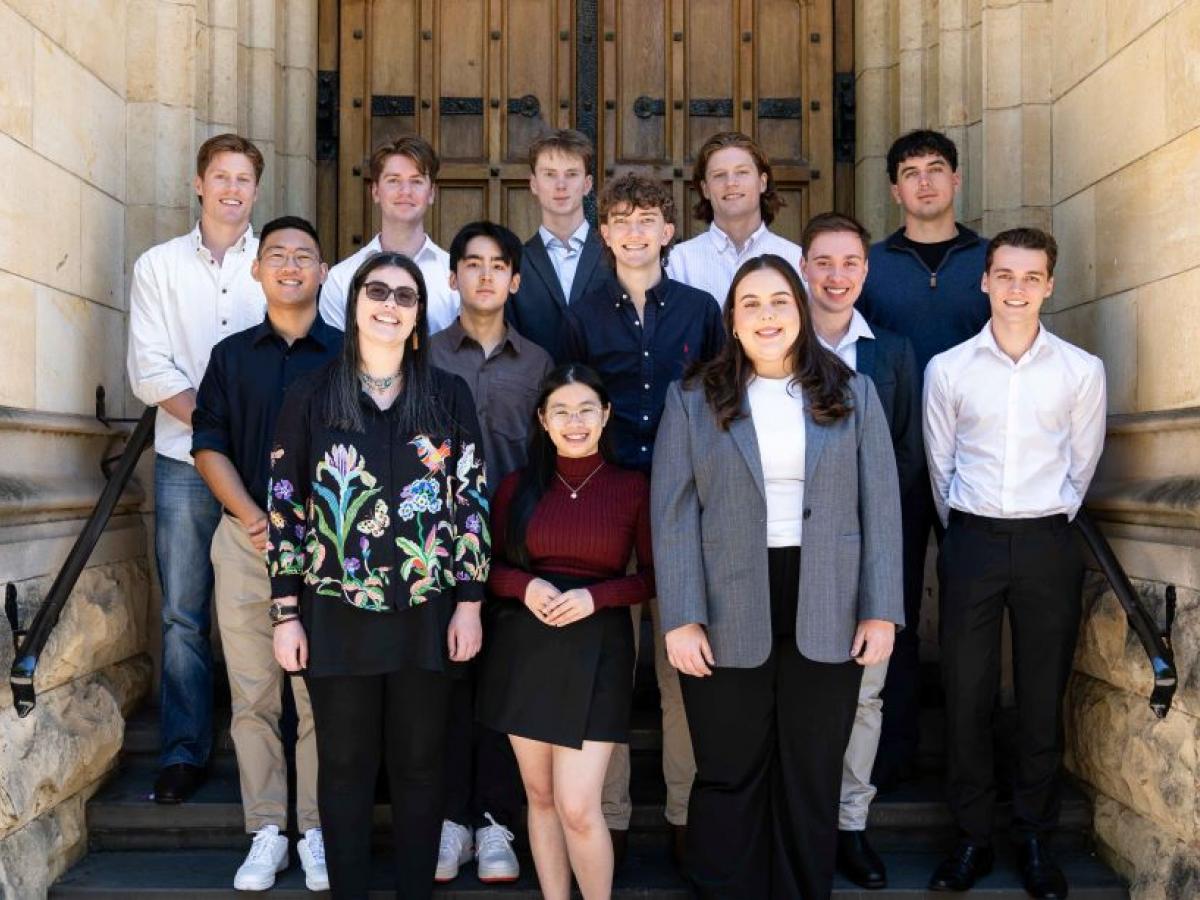Photo (L-R): Front: Abigail Berney, Chloe Le, Isabella Salandra. Middle: Wayne Hann Ng, Evan Li-Collins, Angus Fotheringham, Joseph Holmes, William Hunt. Back: Timothy Blyzno, Ronan Baker, Hayden Brown, Samuel Blyzno, Ognjen Stankovic. Credit: Lara Pacillo/University of Adelaide