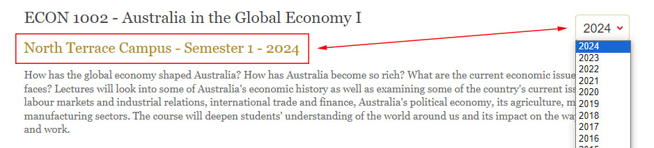 A screenshot showing how to choose the correct year in Course Outlines