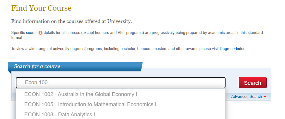A screenshot showing how to search for a course in Course Outlines