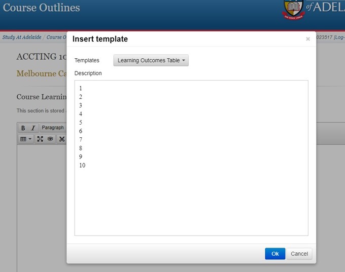 What it looks like when you insert a Learning Outcomes table