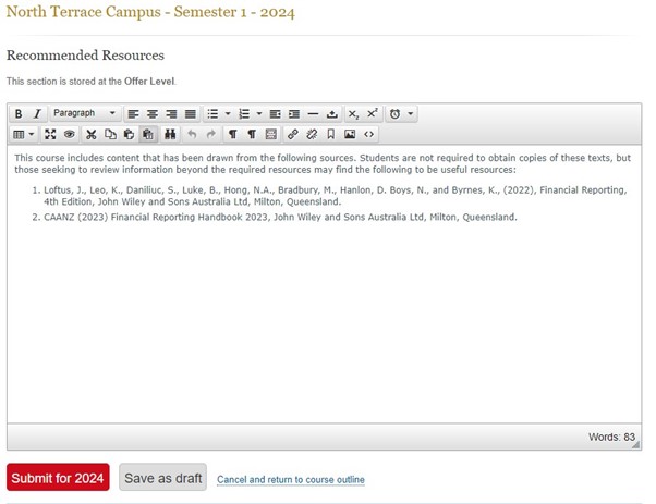 The editing window in Course Outlines
