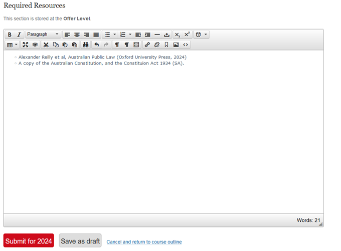 The editing window in Course Outlines at the Offer Level