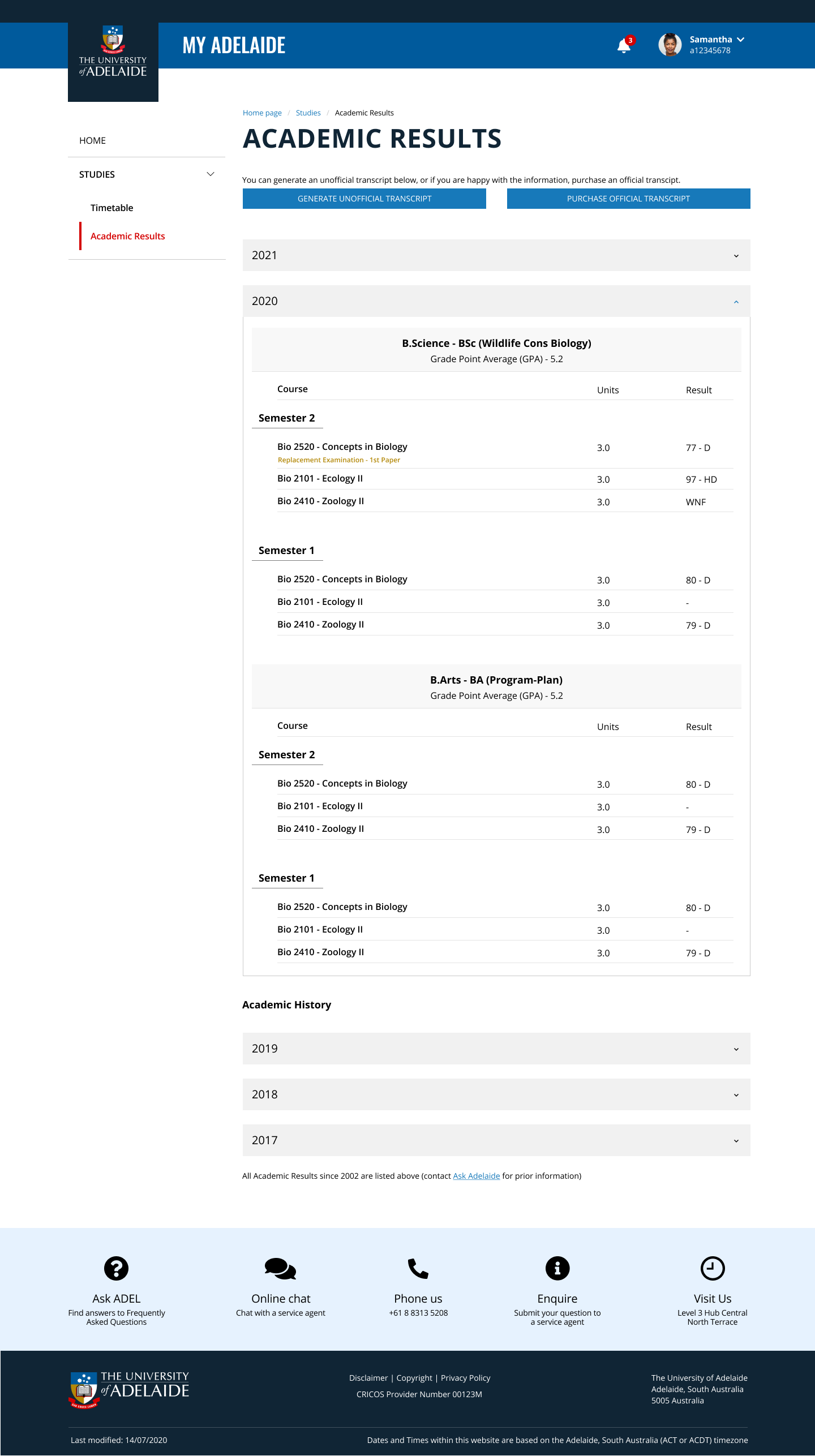 Screenshot of sample MyAdelaide academic results