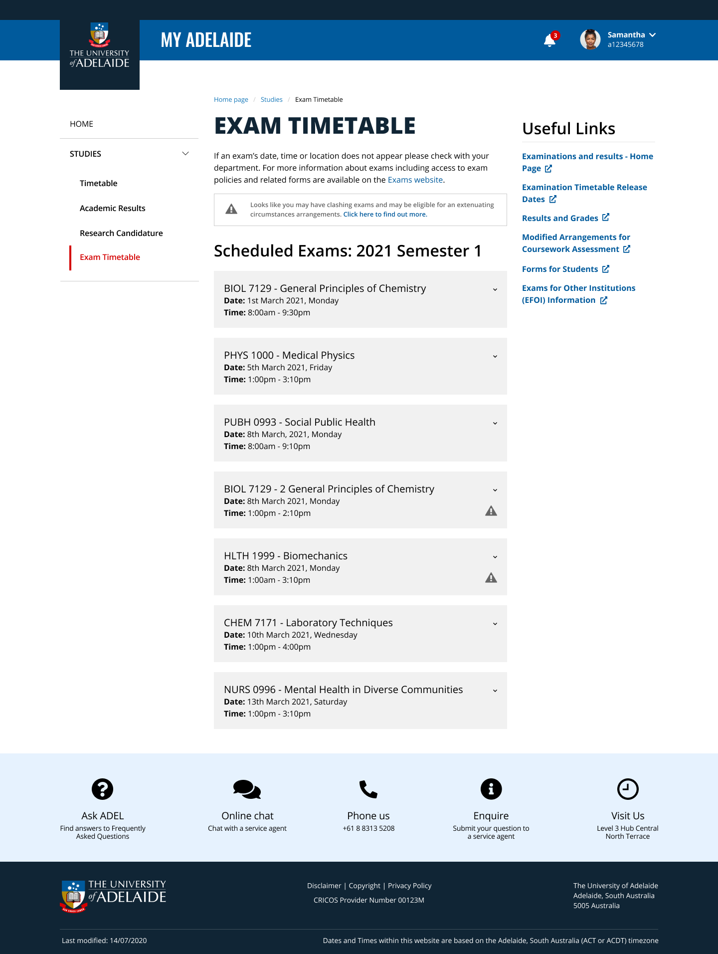 Screenshot of MyAdelaide exam timetable