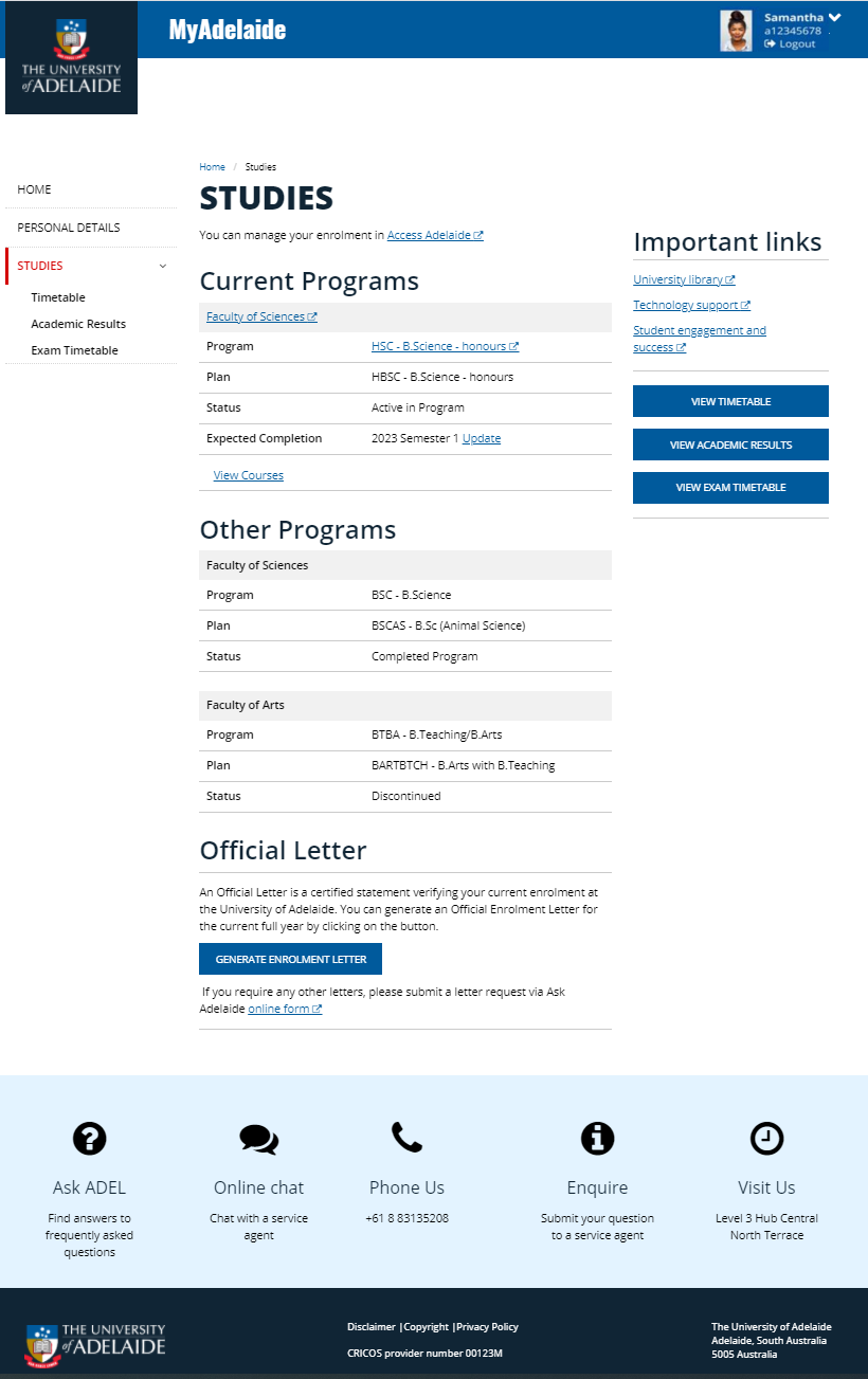 MyAdelaide Studies screen shot