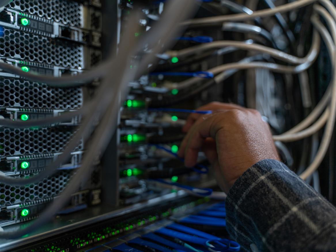 A close-up of wires on the high performance computer