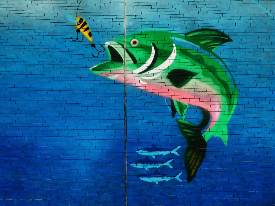 Painting of a fish about to bit a hook