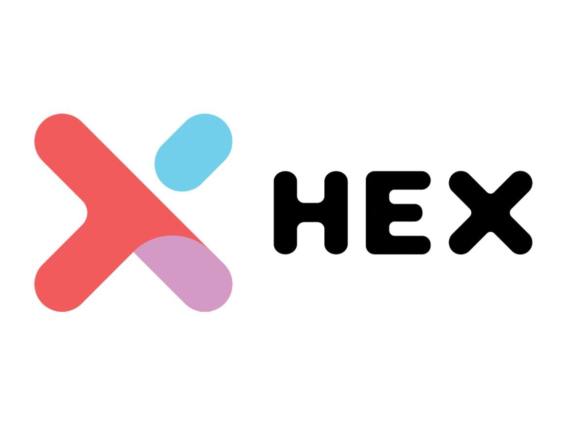 HEX x-Shaped logo in red, pink and blue
