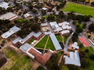 Roseworthy campus aerial photo showing a closer view of the campus buildings and carpark.