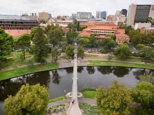 The University of Adelaide footbridge runs from the western side of the campus and over the River Torrens. There are walking tracks either side of the river.
