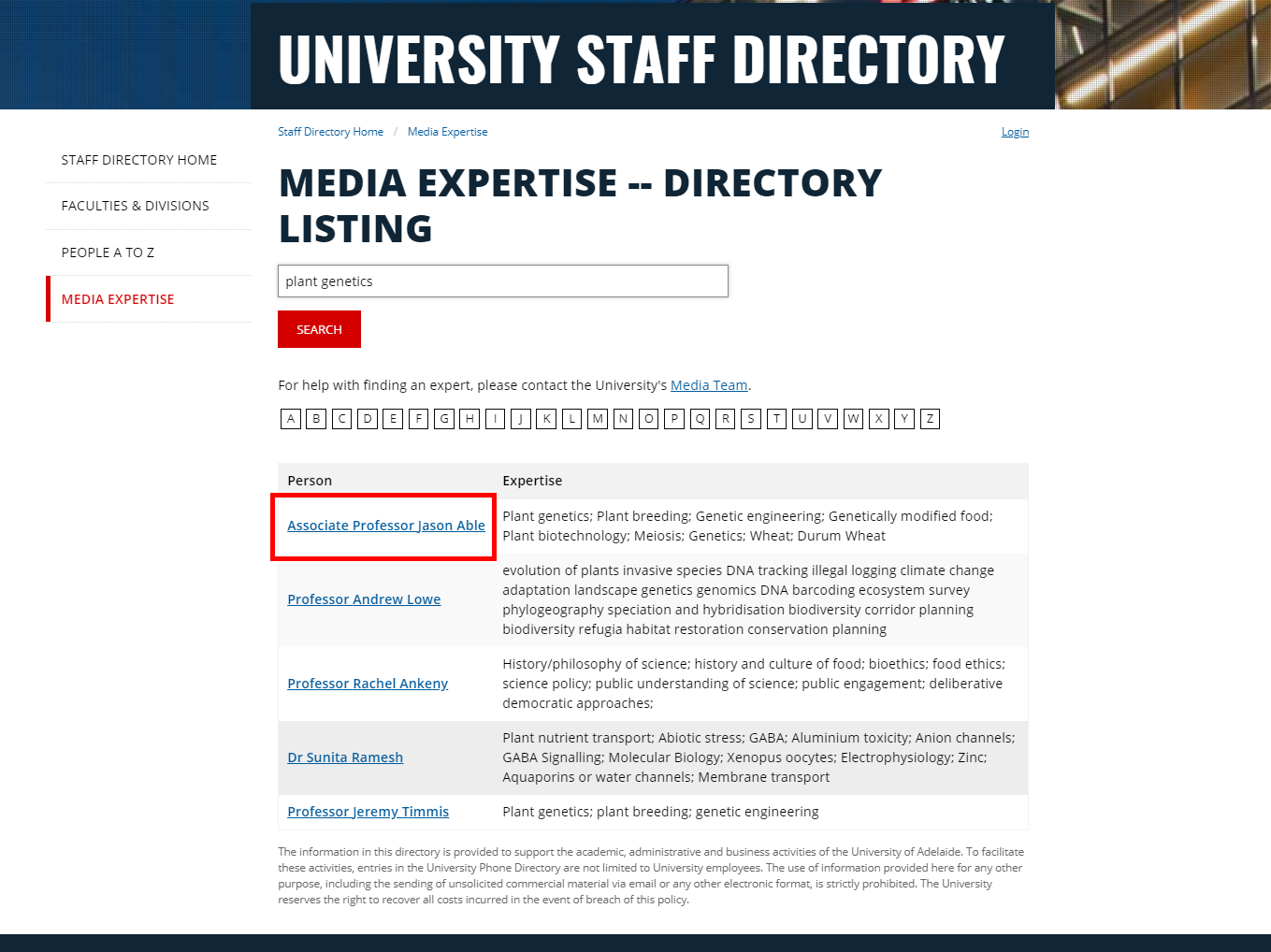 Screenshot: media expertise search listing